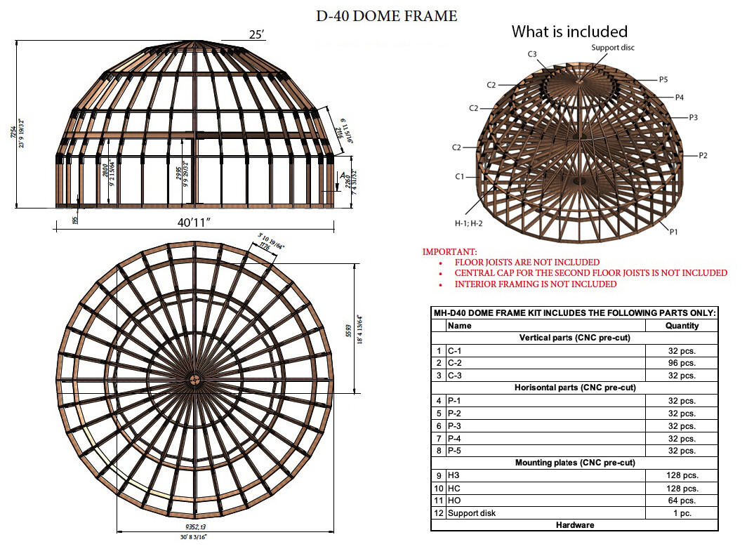 MOON HOUSE 40’ DIAM DOME FRAMING KIT 1710 sq.ft WOOD PREFAB DIY HOME DIY PREFAB