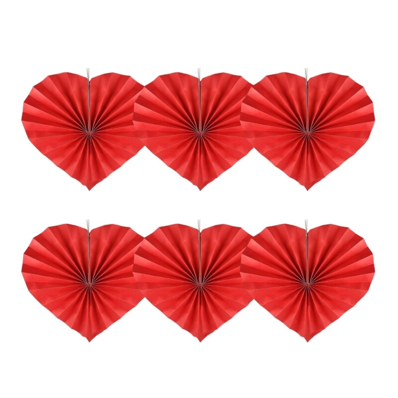 6pcs Heart Shaped Paper Fan for Party Decoration Decorative Folding Fan Ornament
