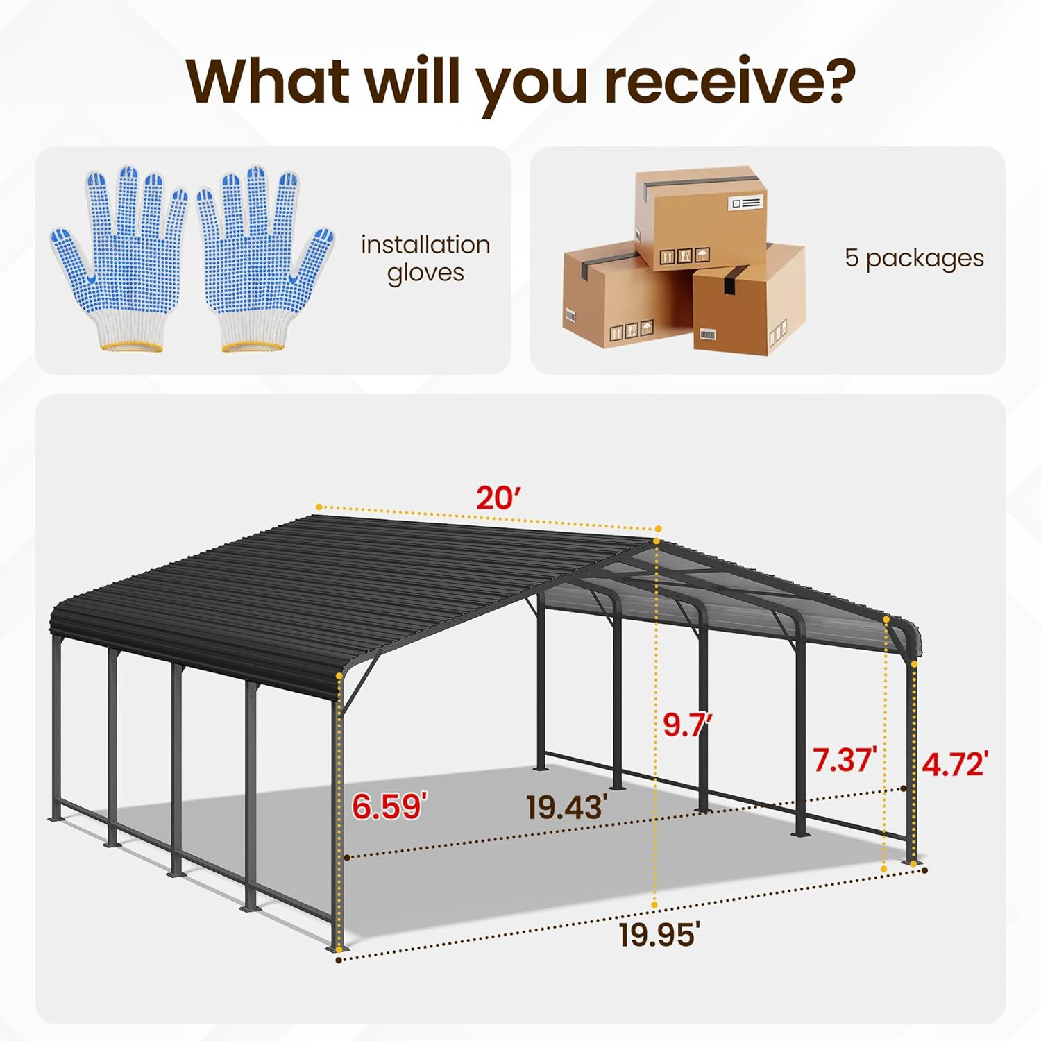 20′ X 20′ Metal Carport with Updated Roof & Enhanced Base, Heavy Duty Canopy Car