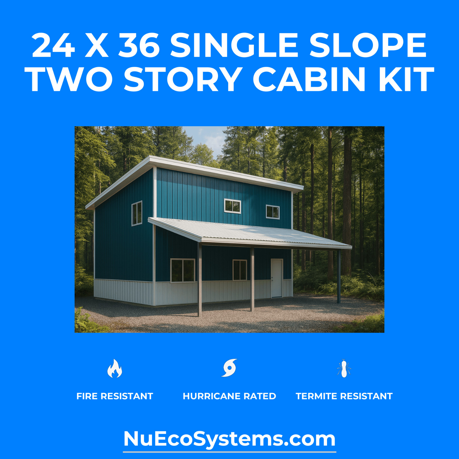 US Made Galvanized Steel 20 x 39 On & Off Grid Cabin Kit Covered Patio