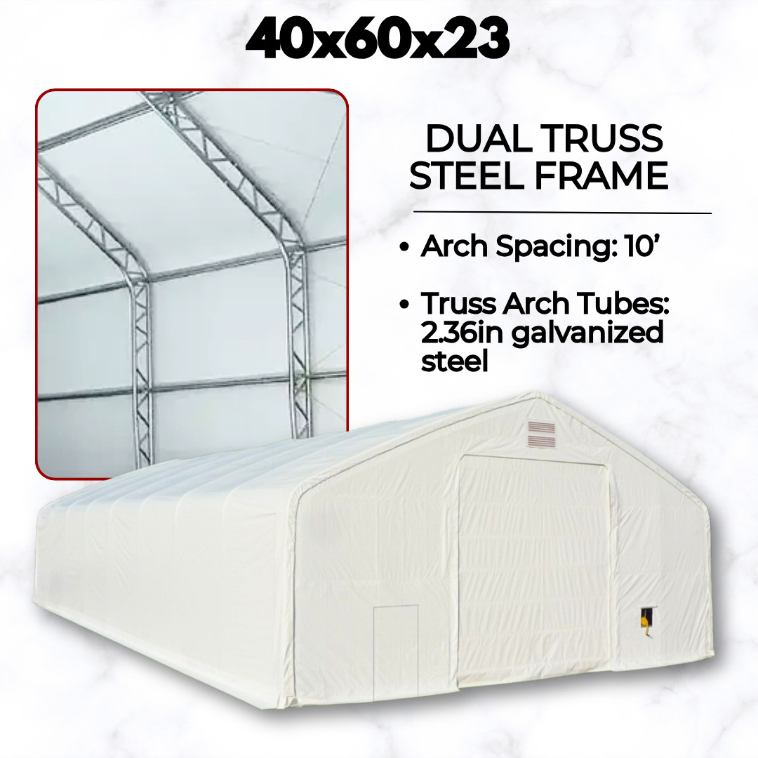 40’x60’x23′ HEAVY DUTY Dual Truss 30 oz PVC Fabric Storage Building