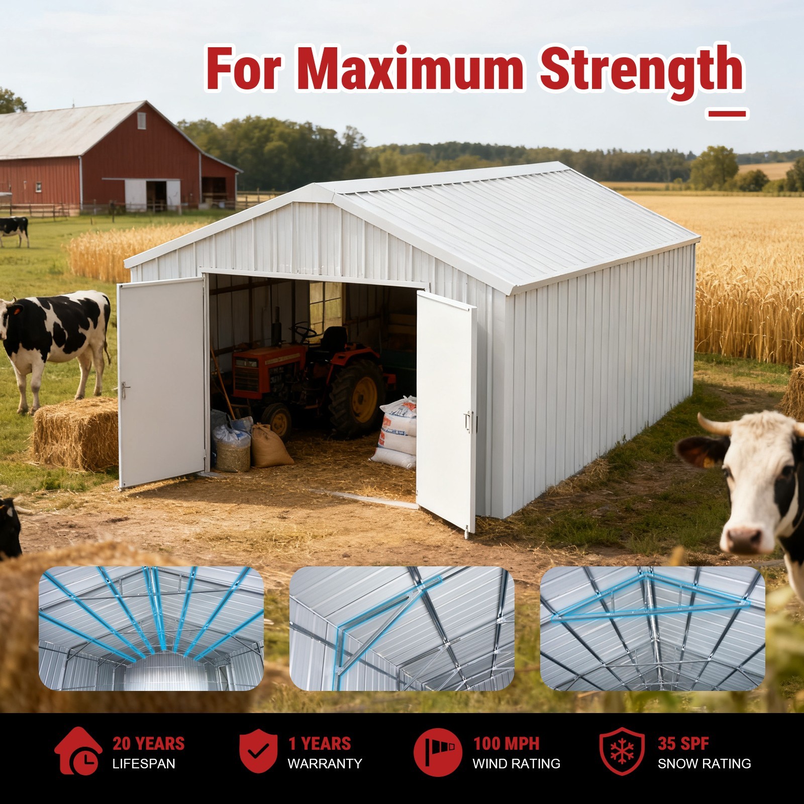 12’x20′ Prefabricated Steel Garage Shed,Heavy Duty Carport with Doors White KJ