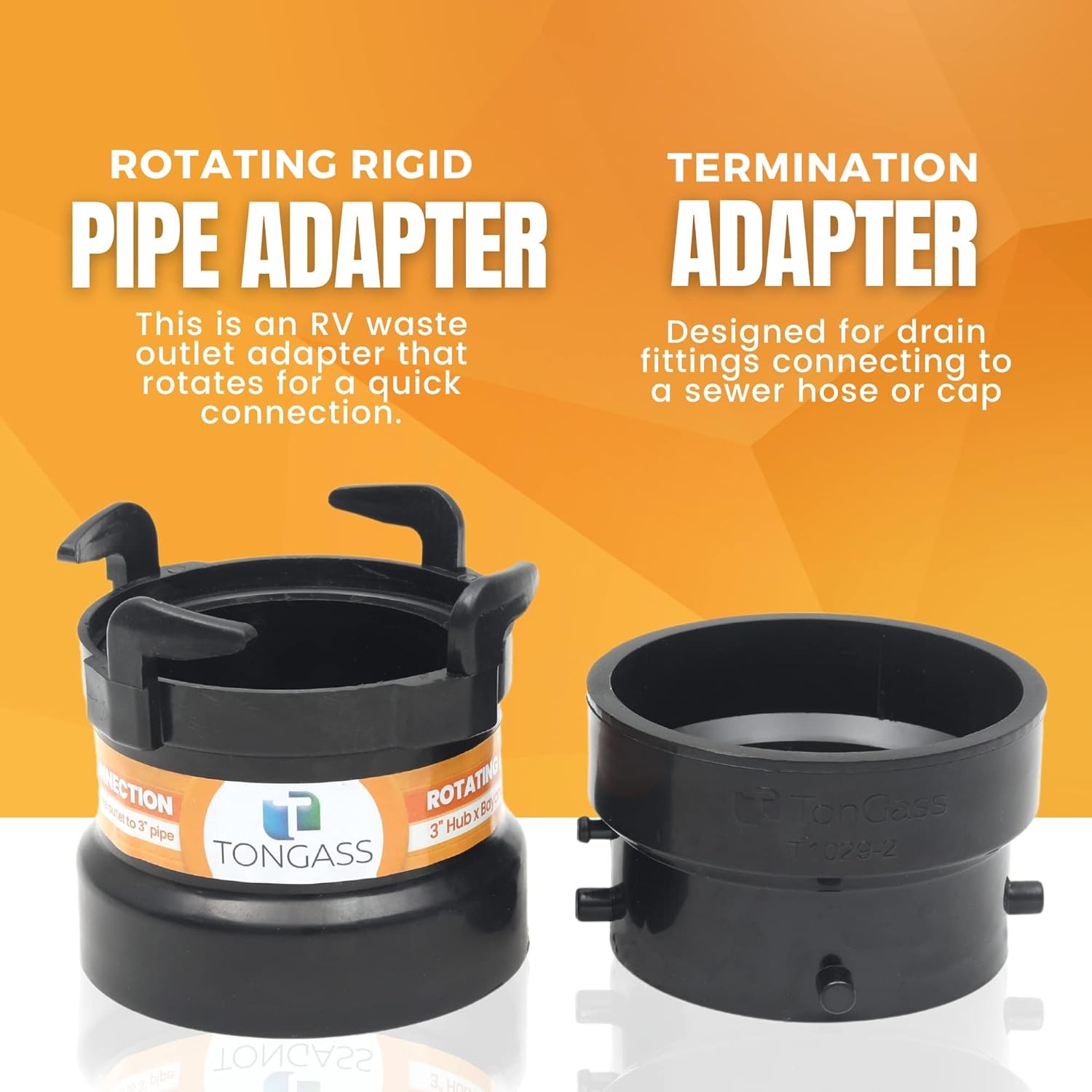 2 x Combo Pack RV Sewer Hose Fitting Adapter – PVC Connection 3 inches, Black