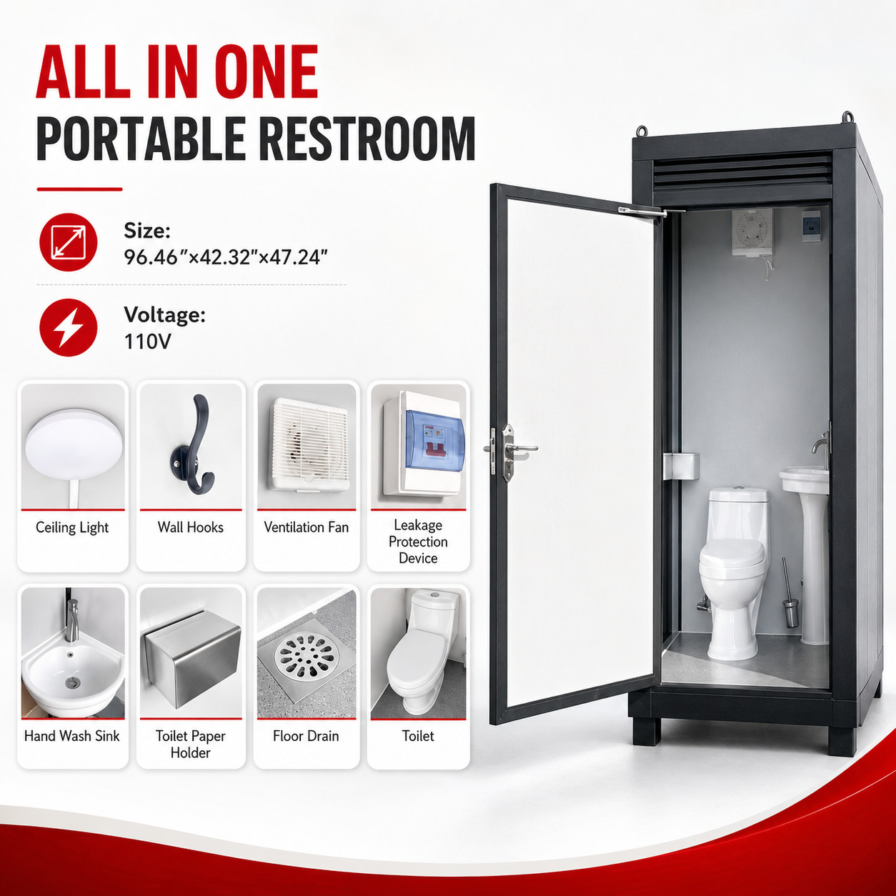 Portable Outdoor Toilet Cabin Mobile Restroom Single Stall with Sink & Vent Fan