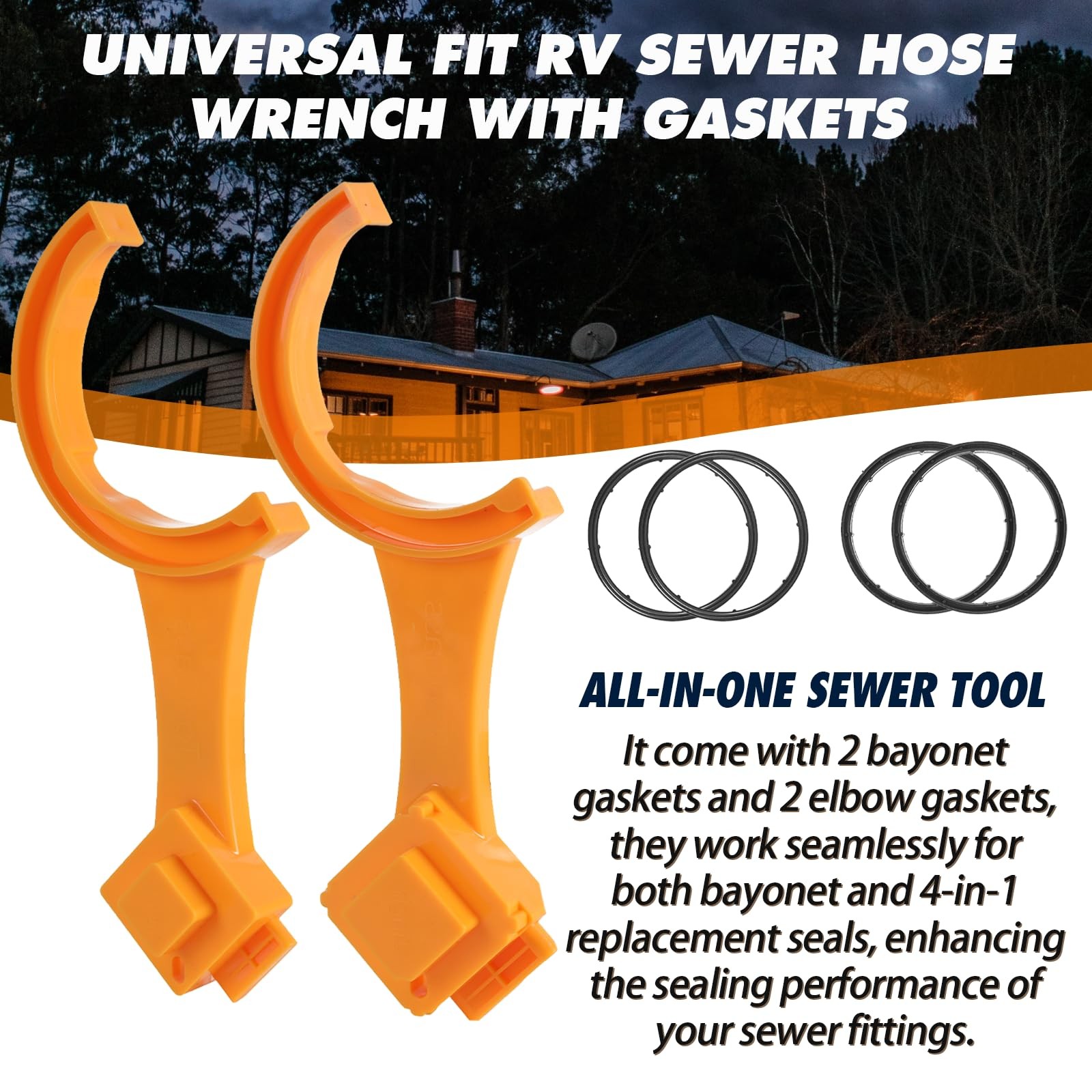 TonGass (2-Pack, Orange Universal Fit RV Sewer Hose 2 Wrench+4 Gasket,