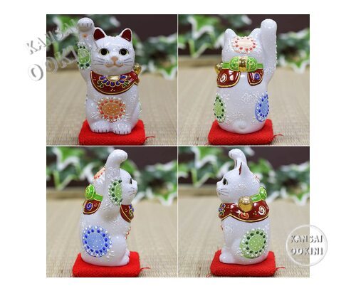Kutani Japanese Maneki Neko Right Hand Lucky White Cat Ceramic