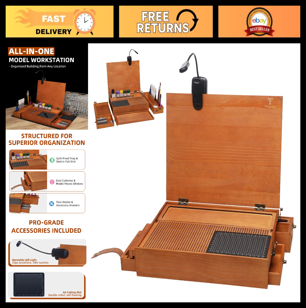 Portable Model Building Workbench with Light & Cutting Mat, Tool Storage for Min
