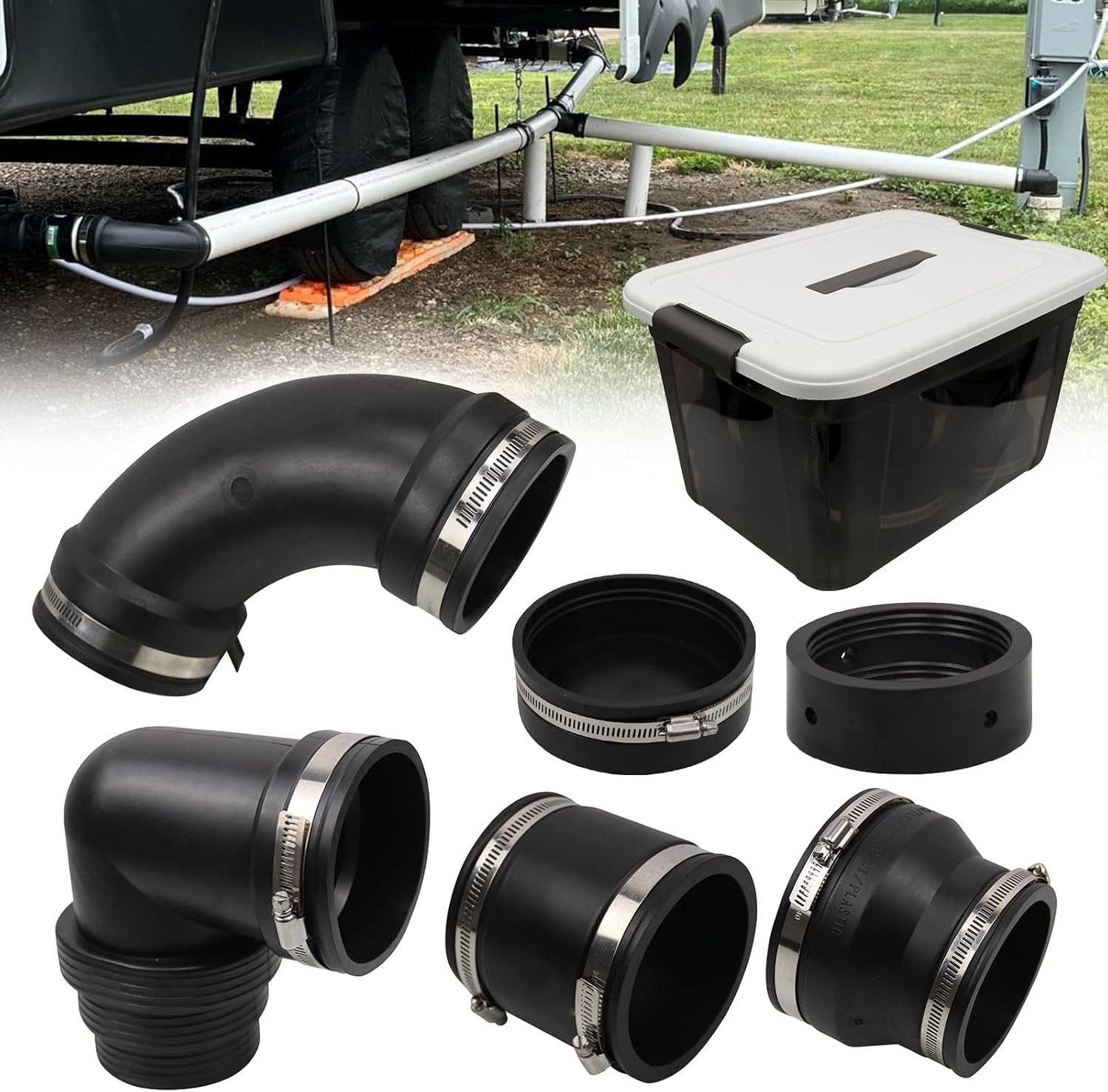 RULLINE RV and Camper Sewer Waste Plumbing Connection System 6PCS SET, Black