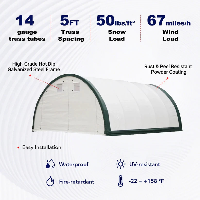 Reinforced 20’x30’x12′ Single Truss Storage Shelter 11oz PE Fabric Hoop Building