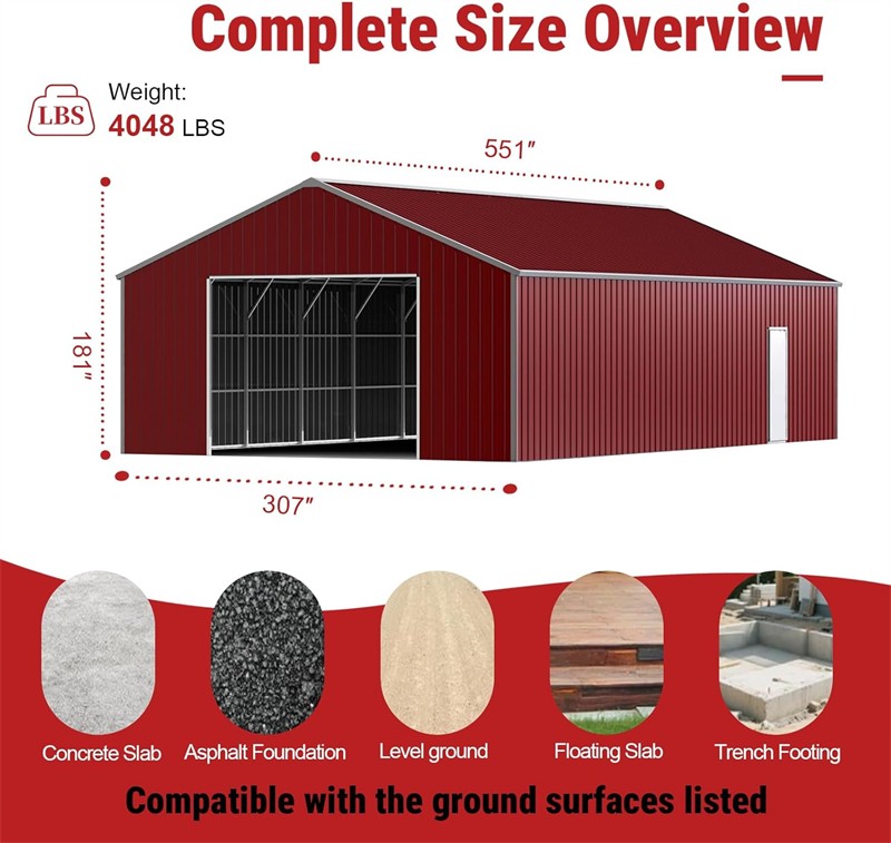 46x25x15 FT Outdoor Heavy-Duty Metal Garage Barn Shed Reinforced Steel Carport