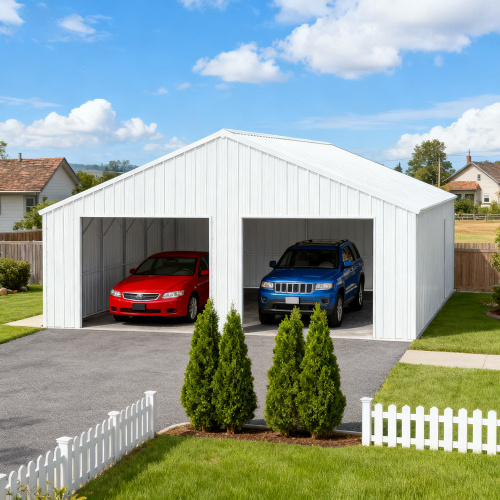 25x33FT Steel Garage Shed, 14-Gauge Galvanized, Double Doors, Heavy-Duty Storage