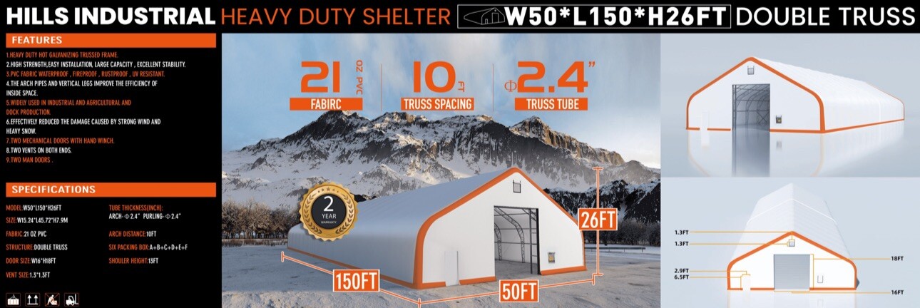 50x150x26 DUAL TRUSS *21oz PVC* Canvas Fabric Storage Building Shelter Barn Shop