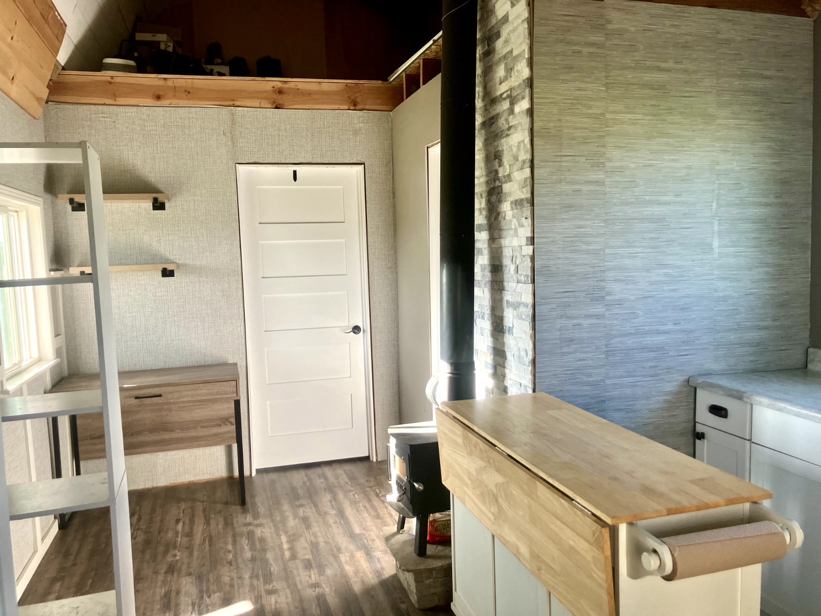 Tiny house for sale – on skids (12x24ft) 95% Finished, Blue, with small porch