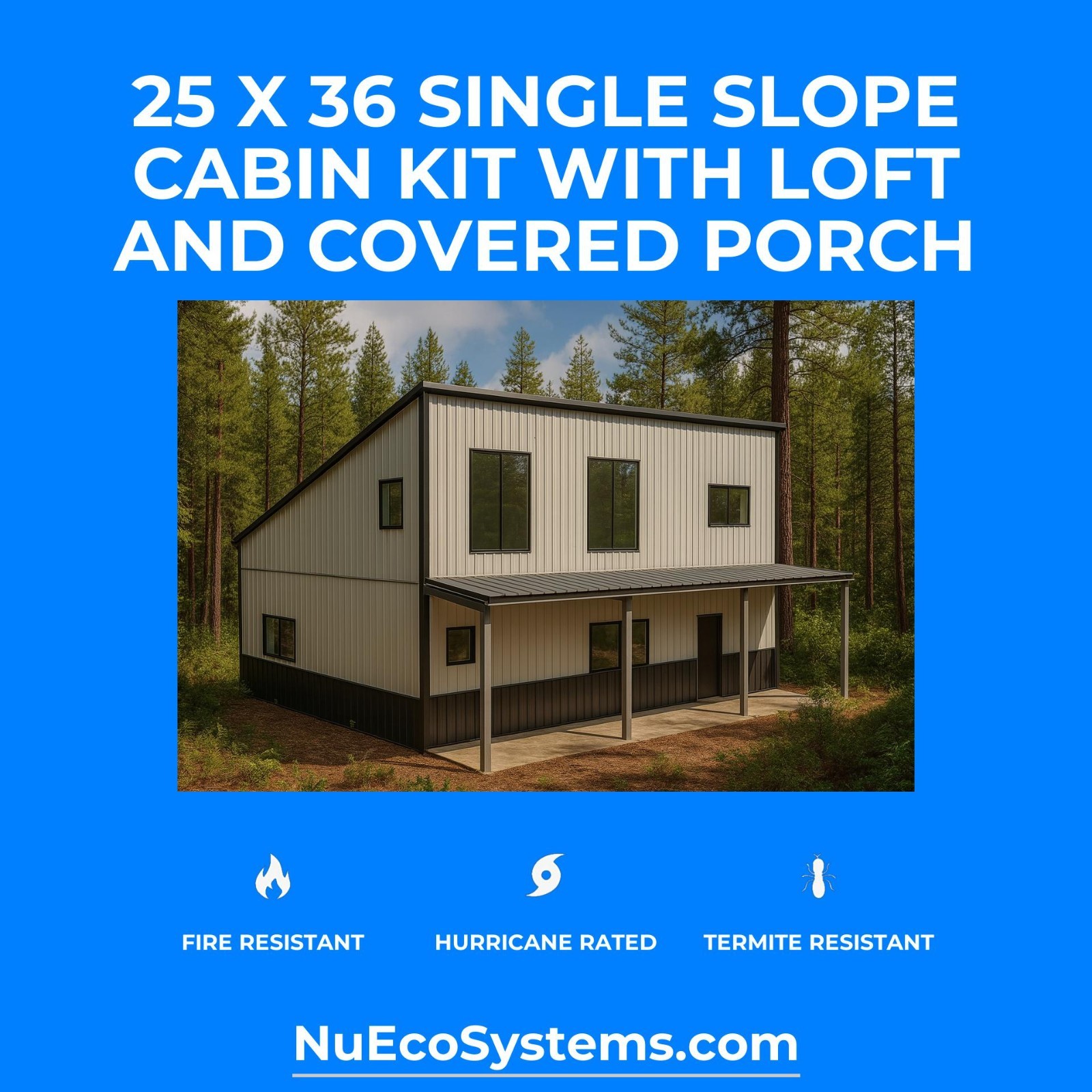 US Made Galvanized Steel 20 x 39 On & Off Grid Cabin Kit Covered Patio