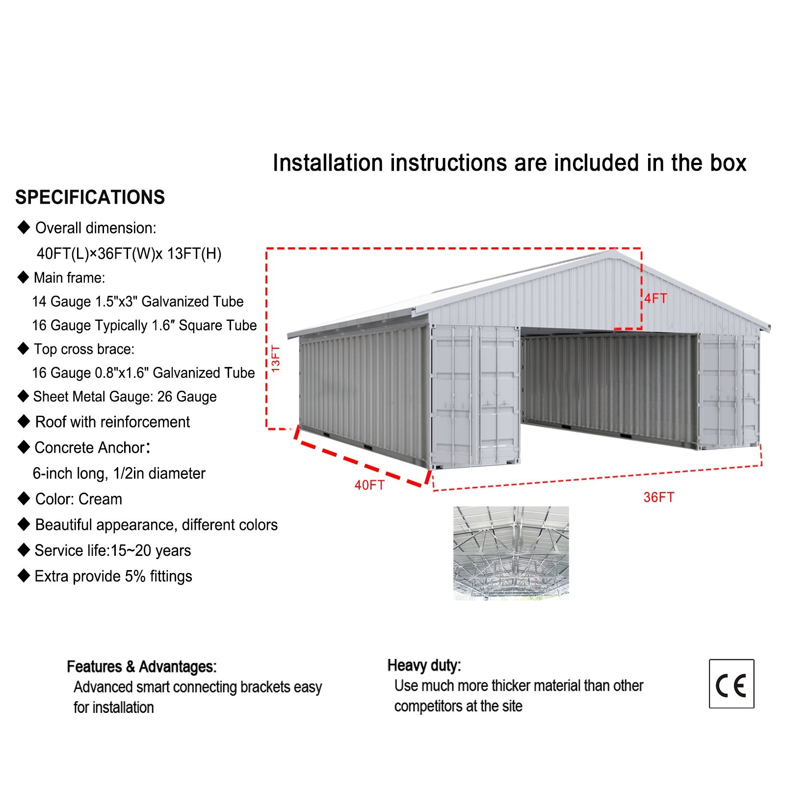 40’x36’x13′ Shipping Container Shelter/Heavy Duty Galvanized Steel(No Container)