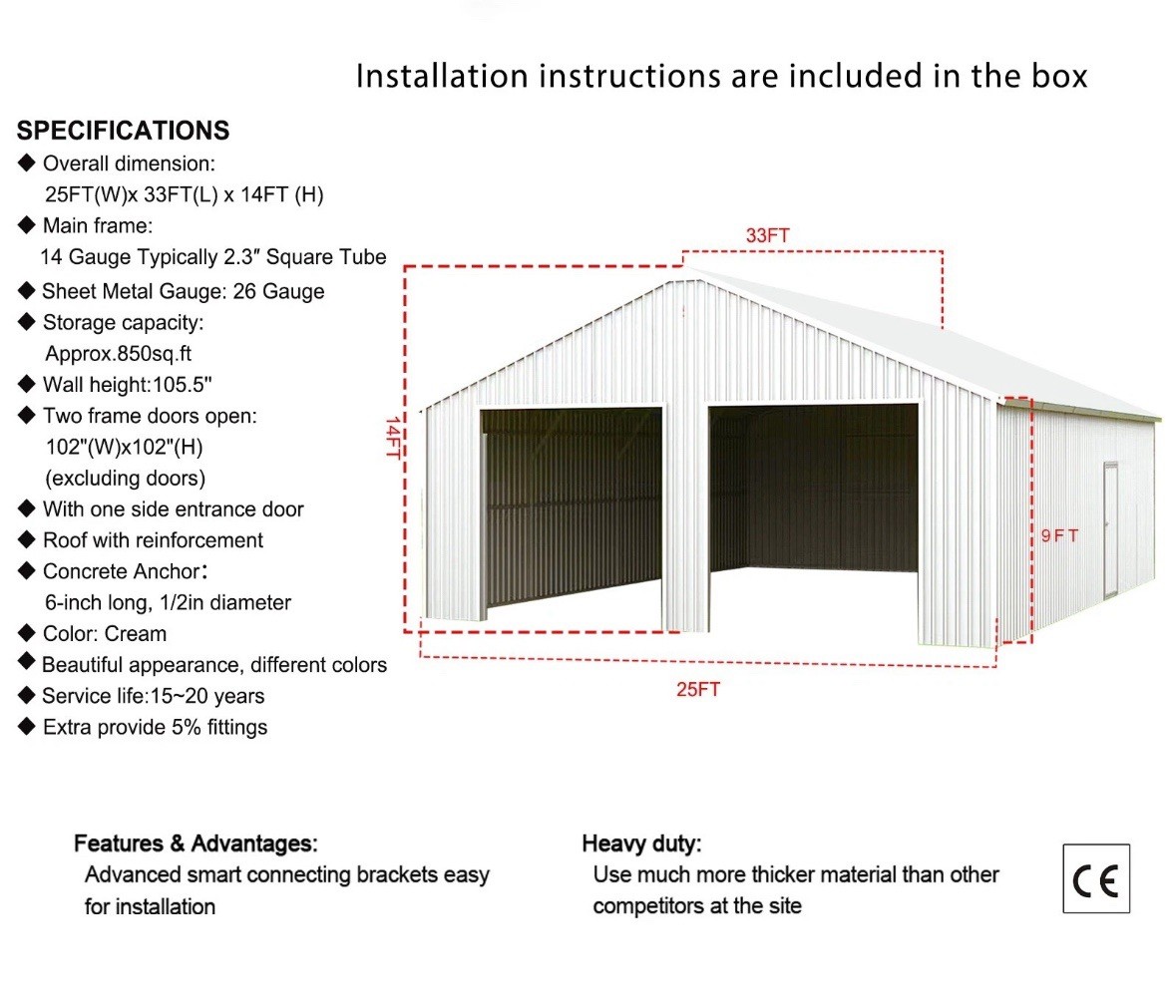 33 x 25 Car Garage / Outdoor Storage / Shed /Heavy Duty / Galvanized Steel