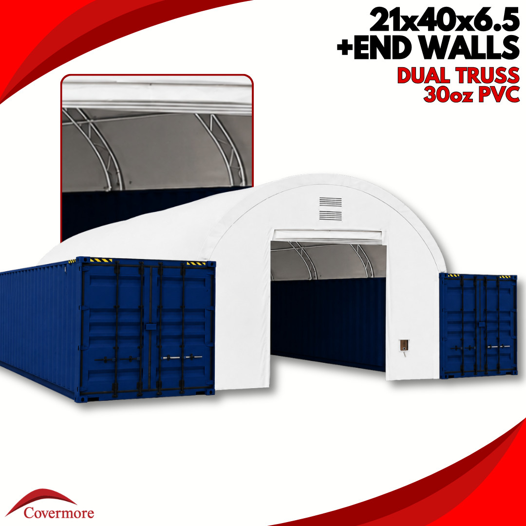 21’x40′ (30 oz PVC) Heavy Duty Dual Truss Shipping Container Shelter + END WALLS