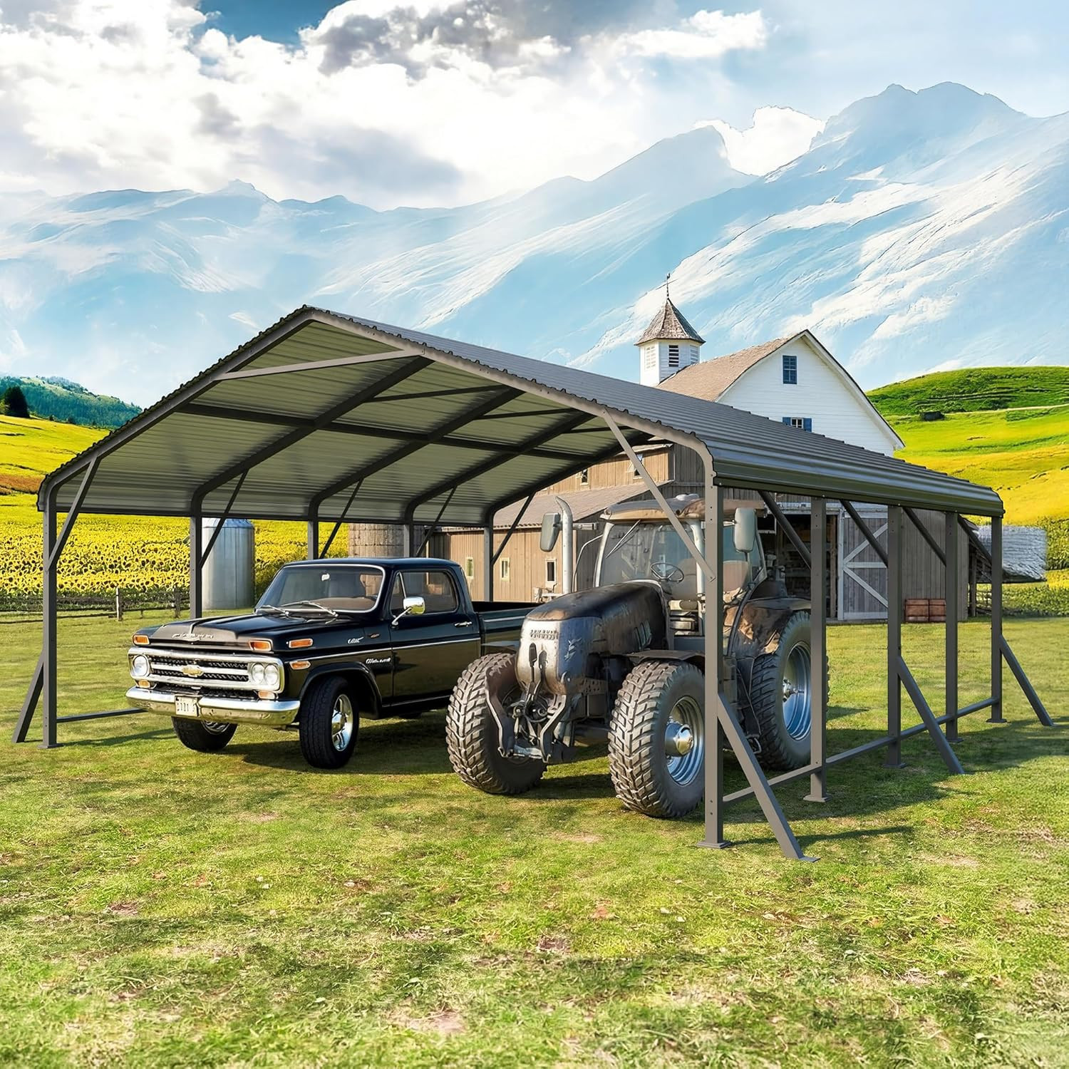20’X20′ Metal Carport with Updated Roof & Enhanced Base, Heavy Duty Canopy Carpo