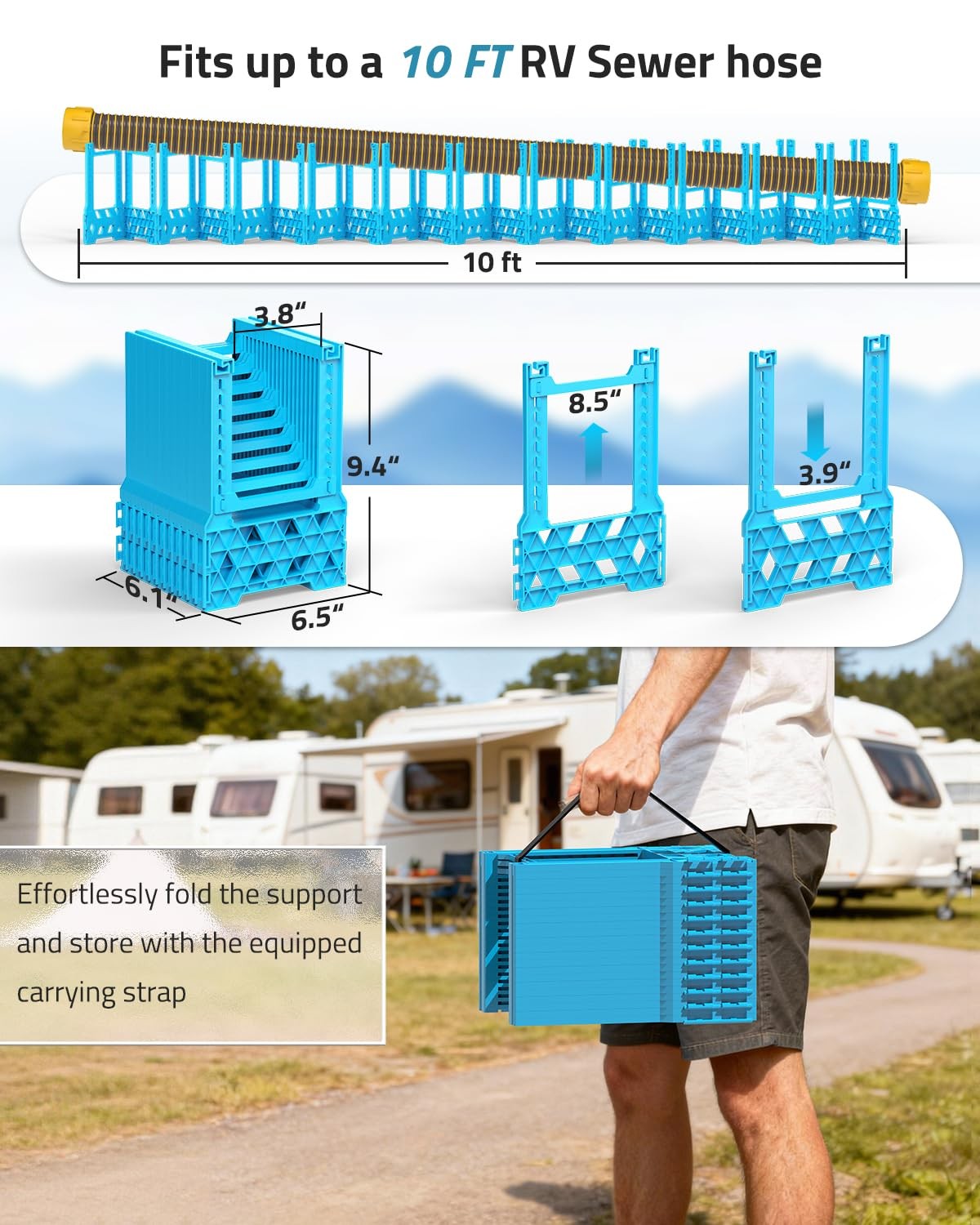 PAULINN 10FT RV Camper Sewer Hose Support, Height Adjustable 10 ft