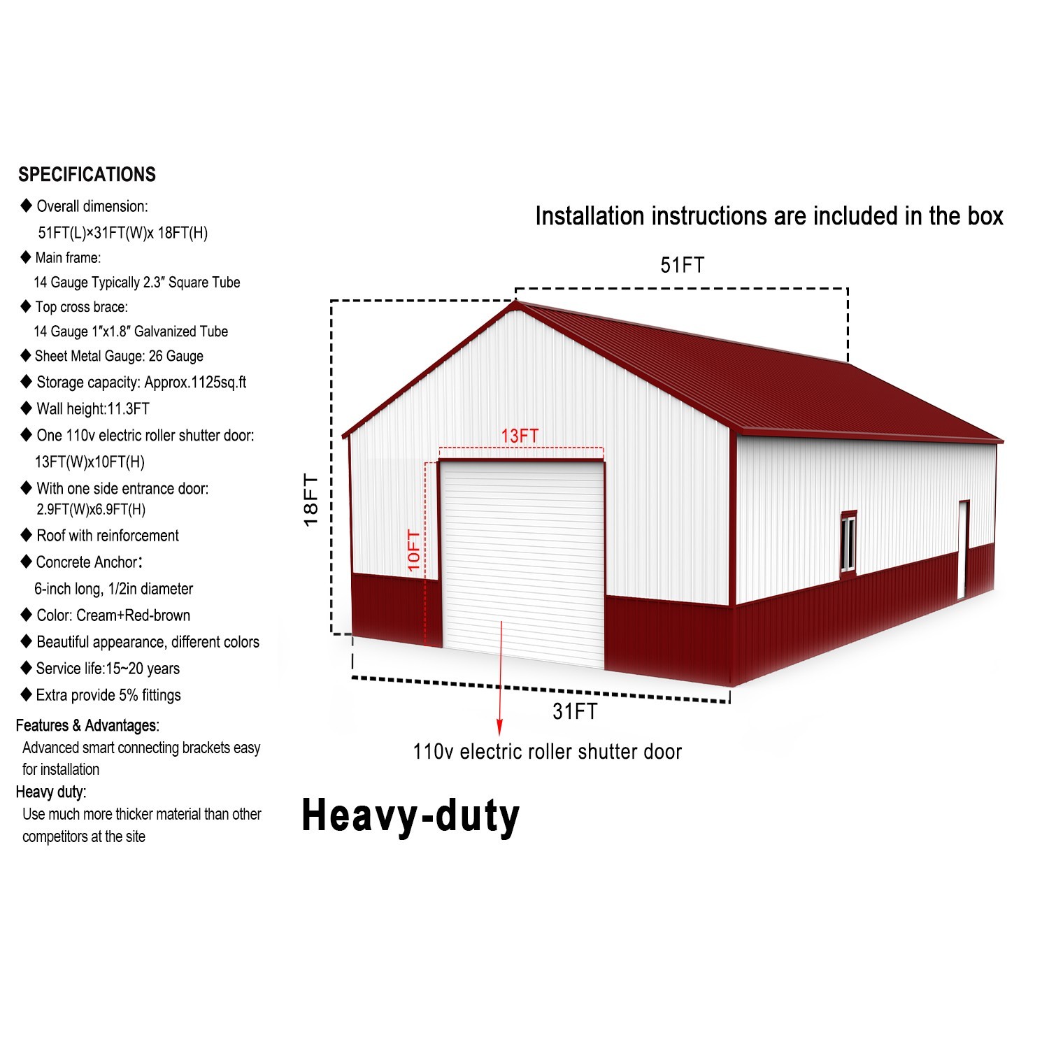 51x31FT Metal Barn Garage Workshop w/ Roll-Up Door for Farm & Storage
