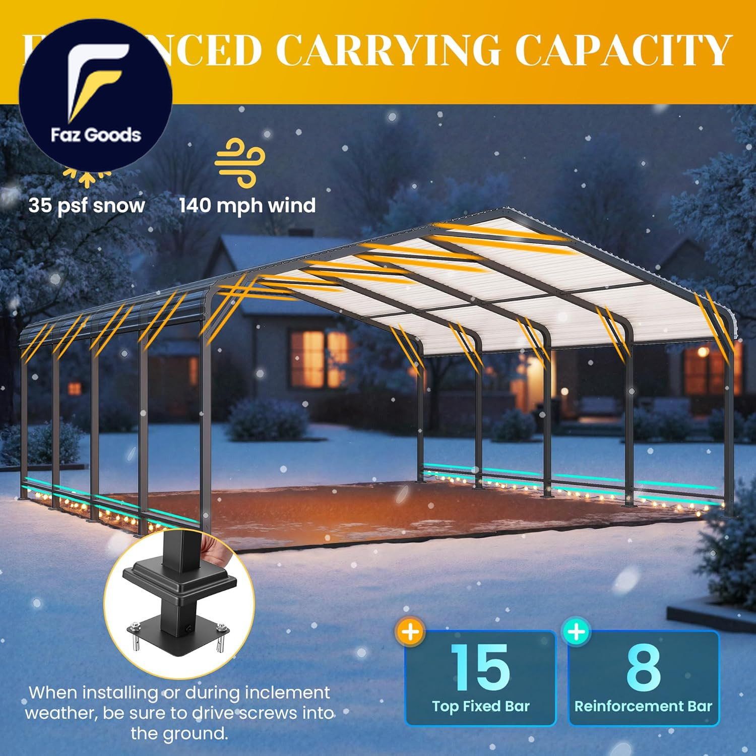 20′ X 20′ Metal Carport with Updated Roof & Enhanced Base Heavy Duty Canopy