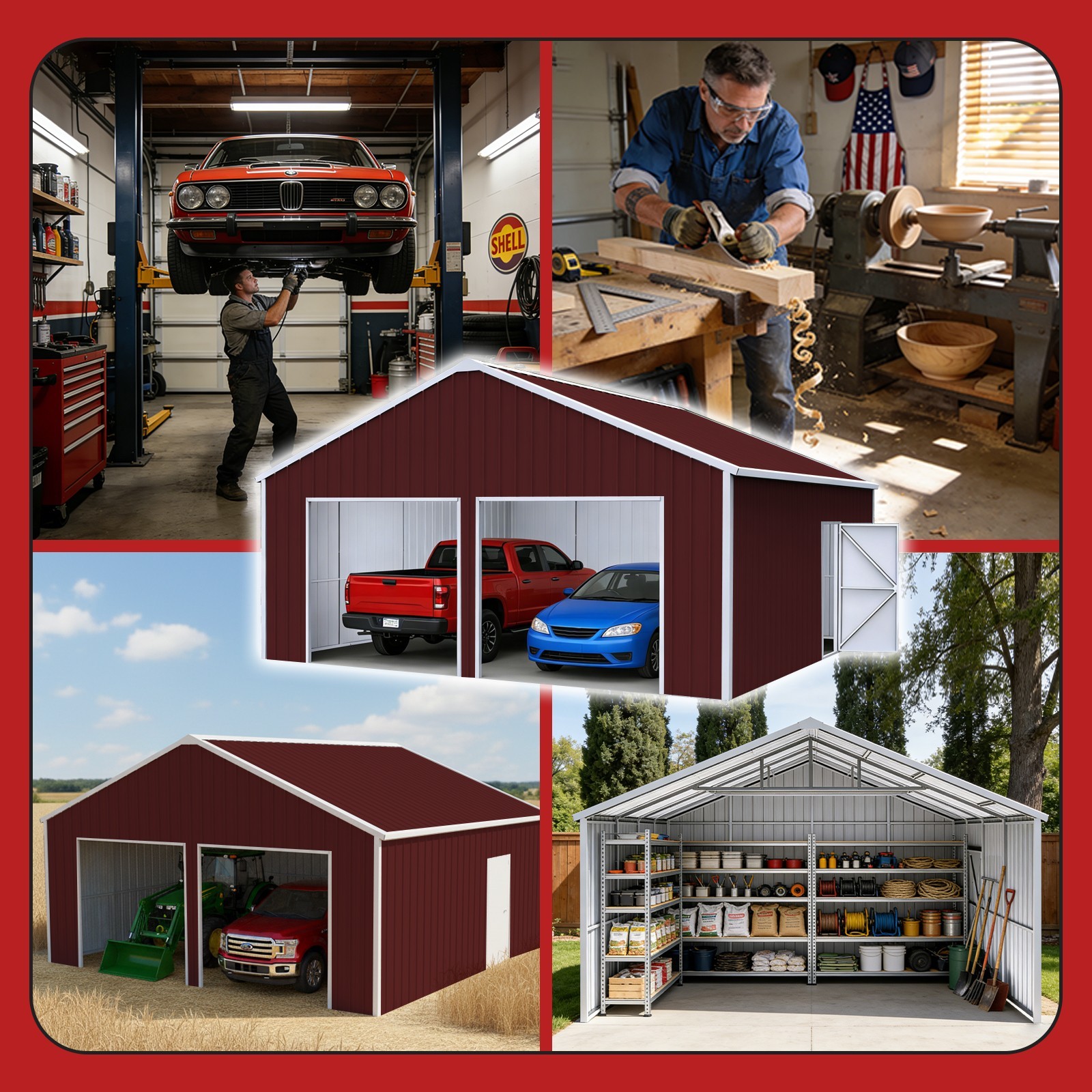 22′ x 23′ x 13′ Metal Car Garage/Outdoor Storage Shed Galvanized Steel Barn Red