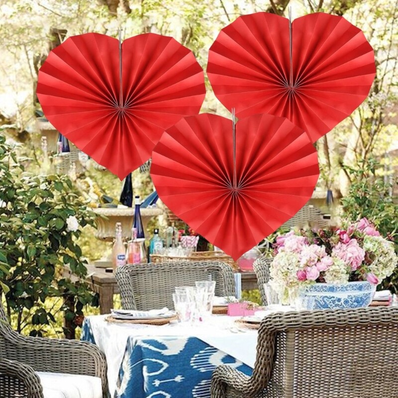 6pcs Heart Shaped Paper Fan for Party Decoration Decorative Folding Fan Ornament