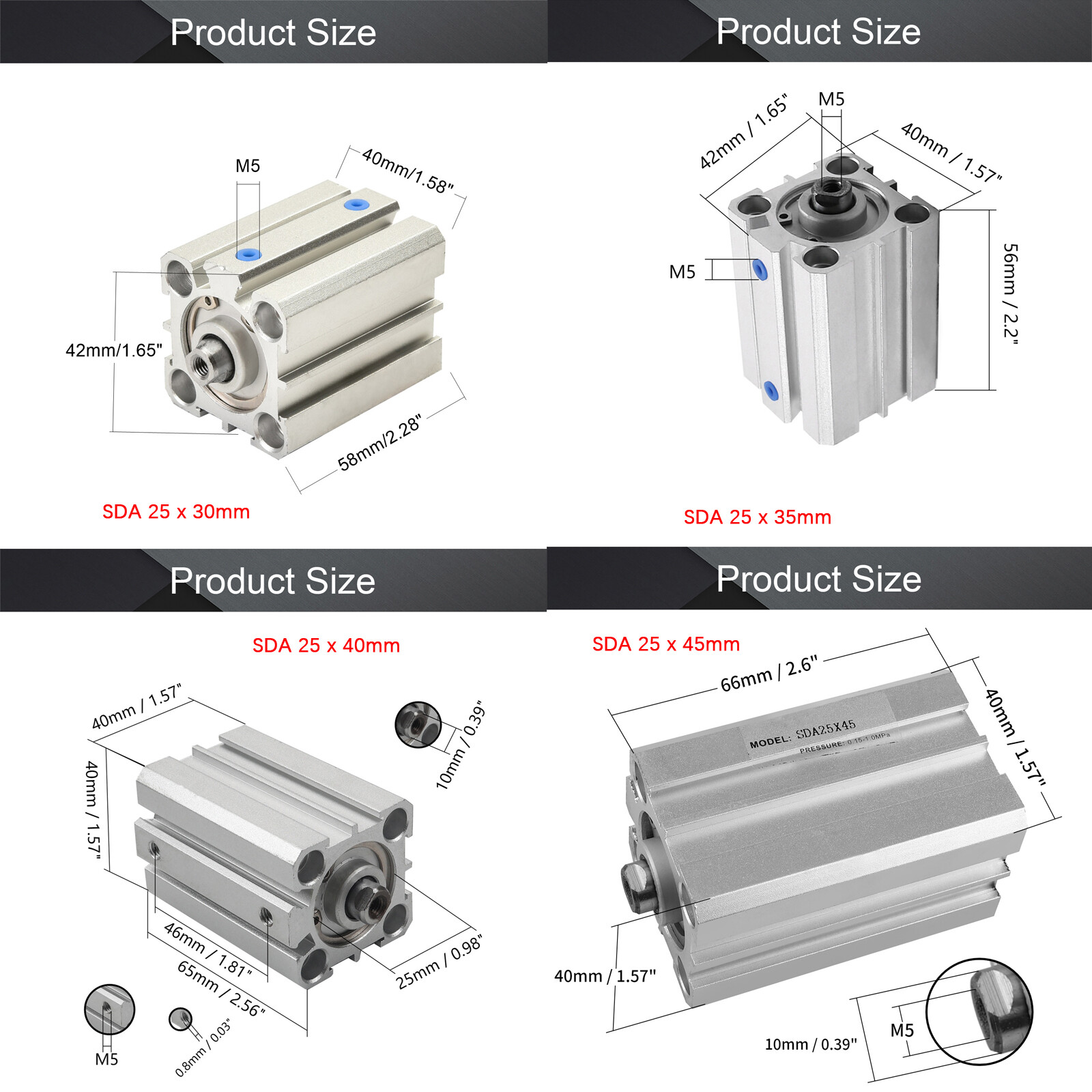 SDA 16/20/25mm Bore Thin Pneumatic Air Cylinder 5~100mm Stroke Double Acting Lot