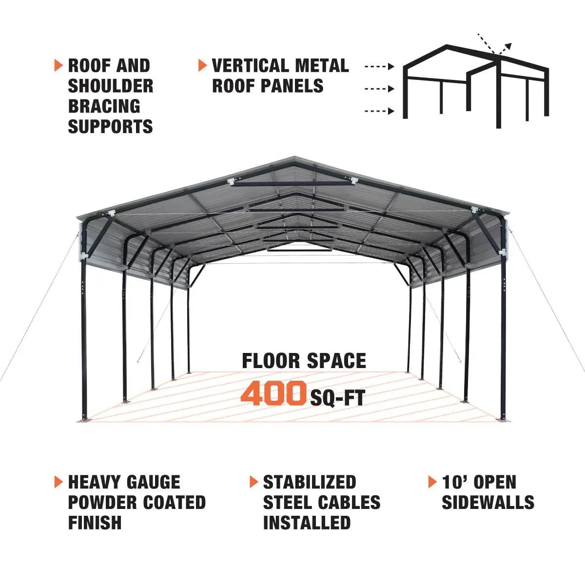 20x20ft Rust Resistant Carport 400SqFt 10ft Open Sides 27GA Galvanized Steel