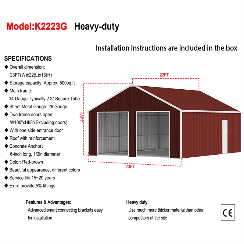 22′ x 23′ x 13′ Outdoor Storage Shed Reinforced Steel Structure Barn Car Garage