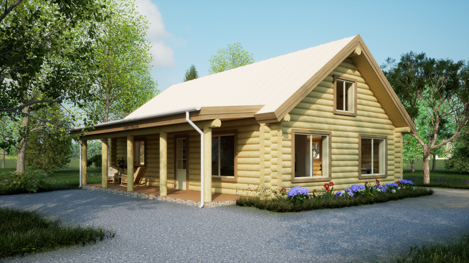 LOG CABIN HOME shell kit logs 1266 sq.ft 36′ x 24′ with loft and porch