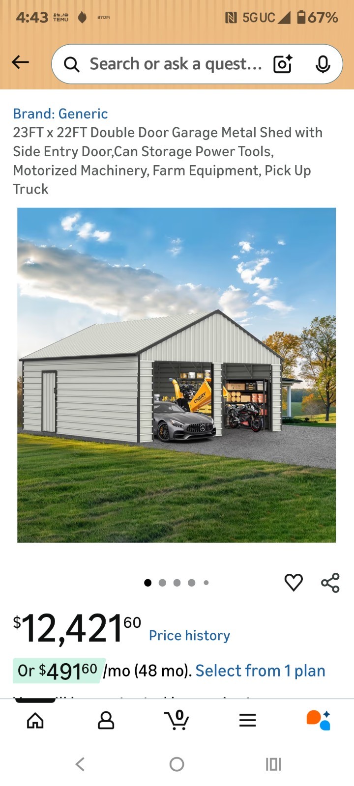 22′ x 23′ x 13′ Metal Car Garage/Outdoor Storage Shed Galvanized Steel Barn