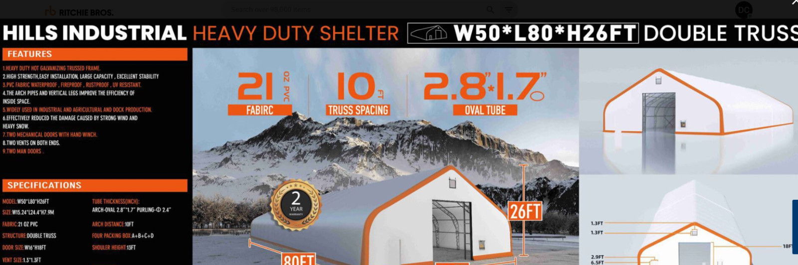 50x80x26 DUAL TRUSS *21oz PVC* Canvas Fabric Storage Building Shelter Barn Shop