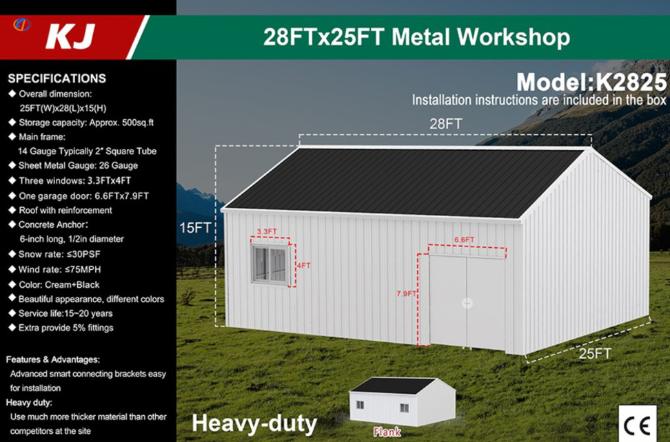 KJ 25′ x 28′ x 15′ Enclosed Metal Workshop Shed Storage Building