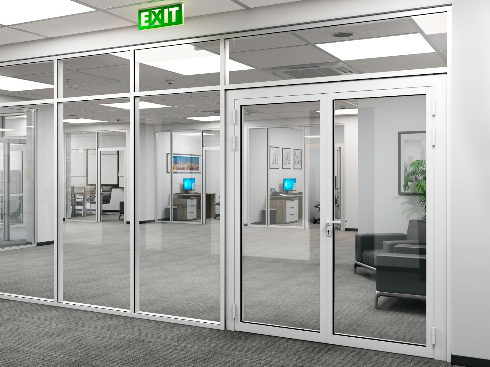 CGP Office Partition System, Glass Aluminum Wall 17’x9’ w/Door, WHITE SEMI