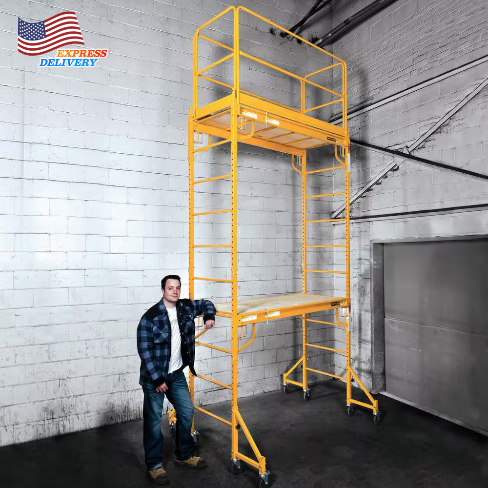 12 Ft Jobsite 2-Story Mobile Baker Scaffold Tower with Outriggers & Guard Rail