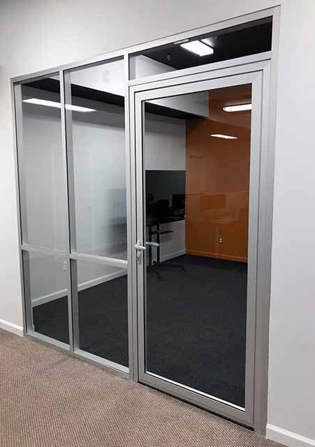 CGP Office Partition System, Glass Aluminum Wall 10′ x 9′ w/ Door Clear Anodized