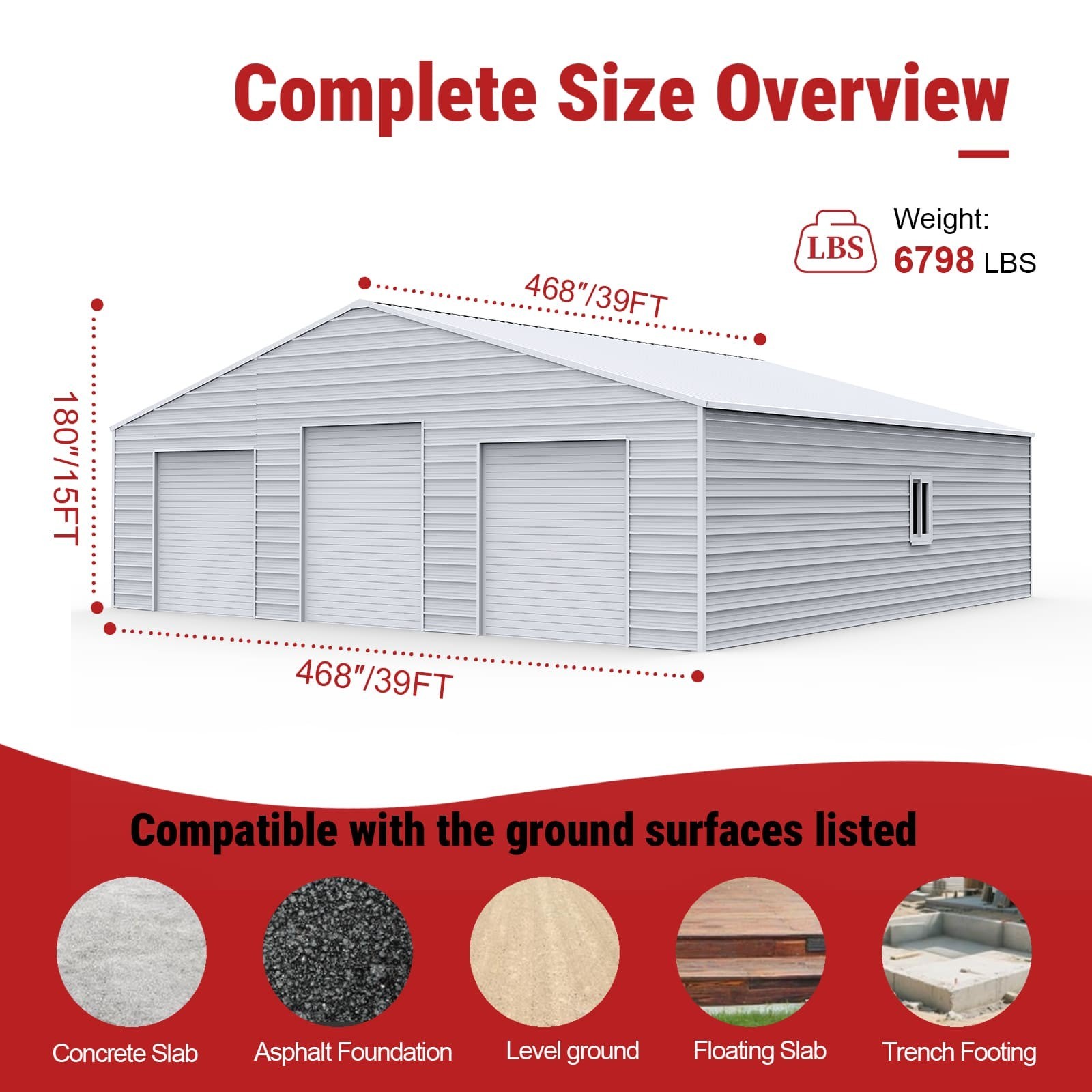 39x39x15 Metal Barn Garage Steel Building Workshop with 3 Doors Galvanized White