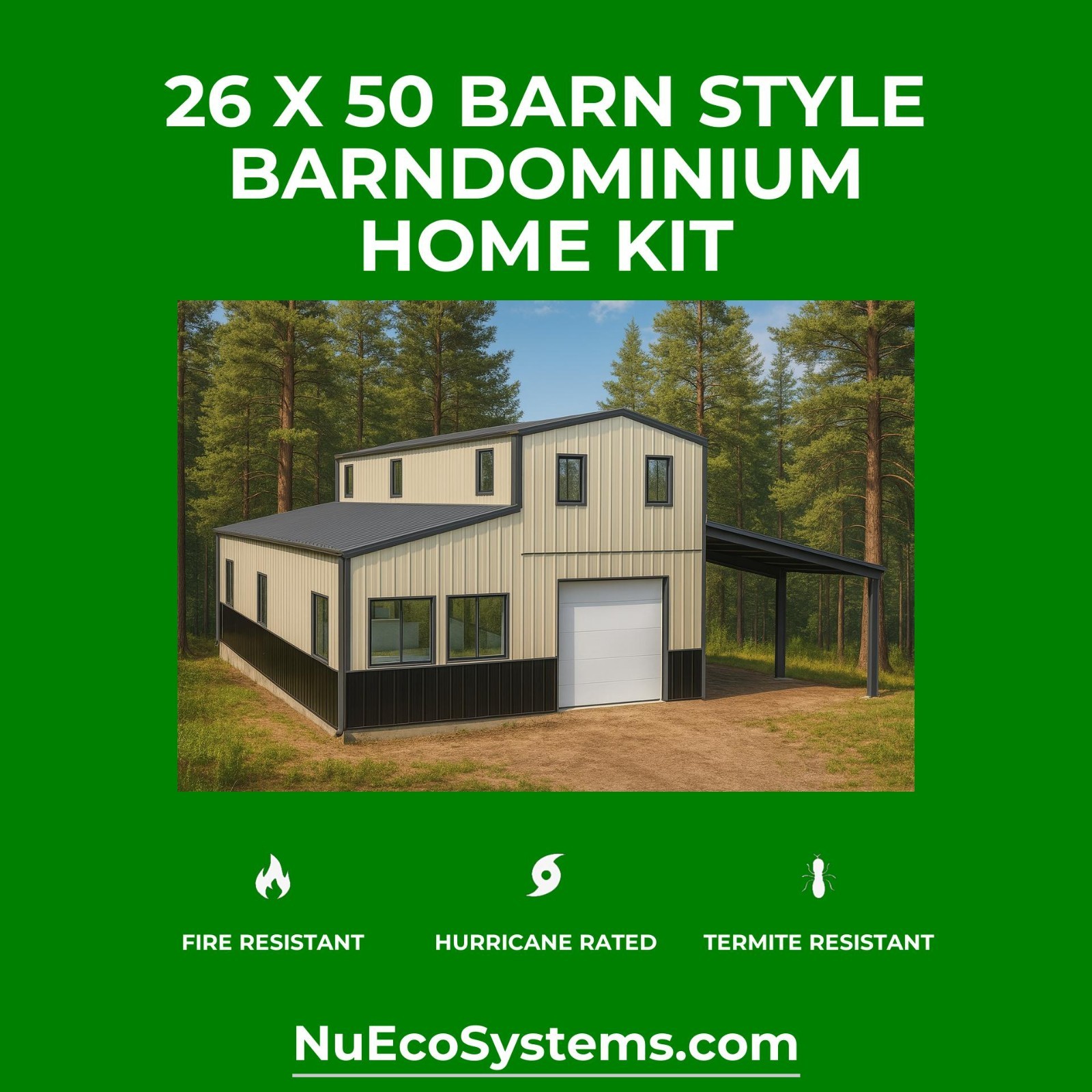 Fire & Hurricane Resistant Barndominium Home Kit with Covered Porches