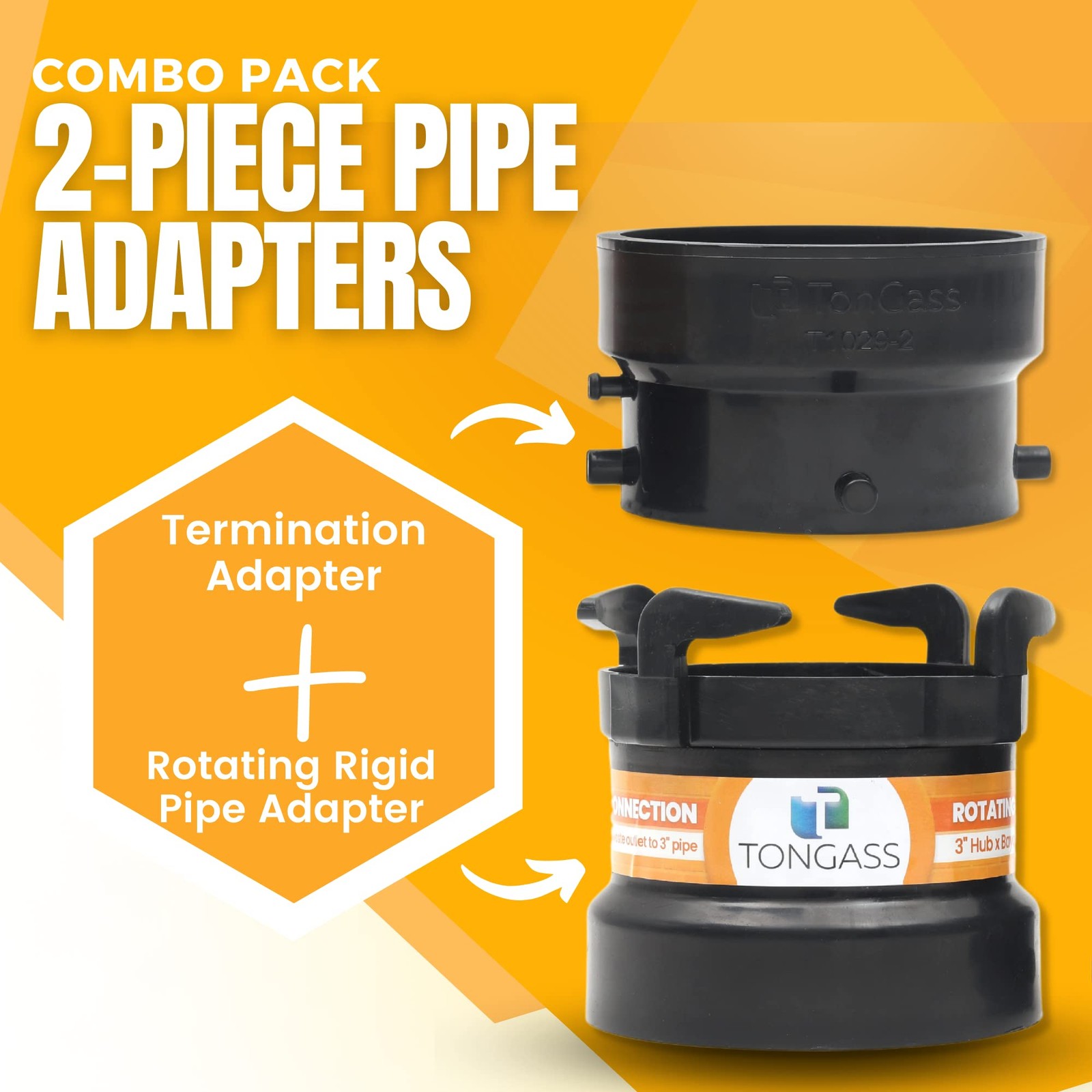 TonGass (Combo Pack) RV Sewer Hose Fitting Adapter Not Threaded Port, Black