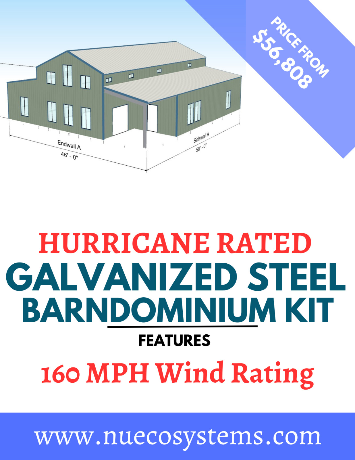 46 X 50 FLORIDA HURRICANE RATED Barn Style Barndominium Kit