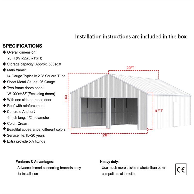 22’x23’x13′ Outdoor Barn Shed Garage Heavy Duty Galvanized Steel Storage Shed