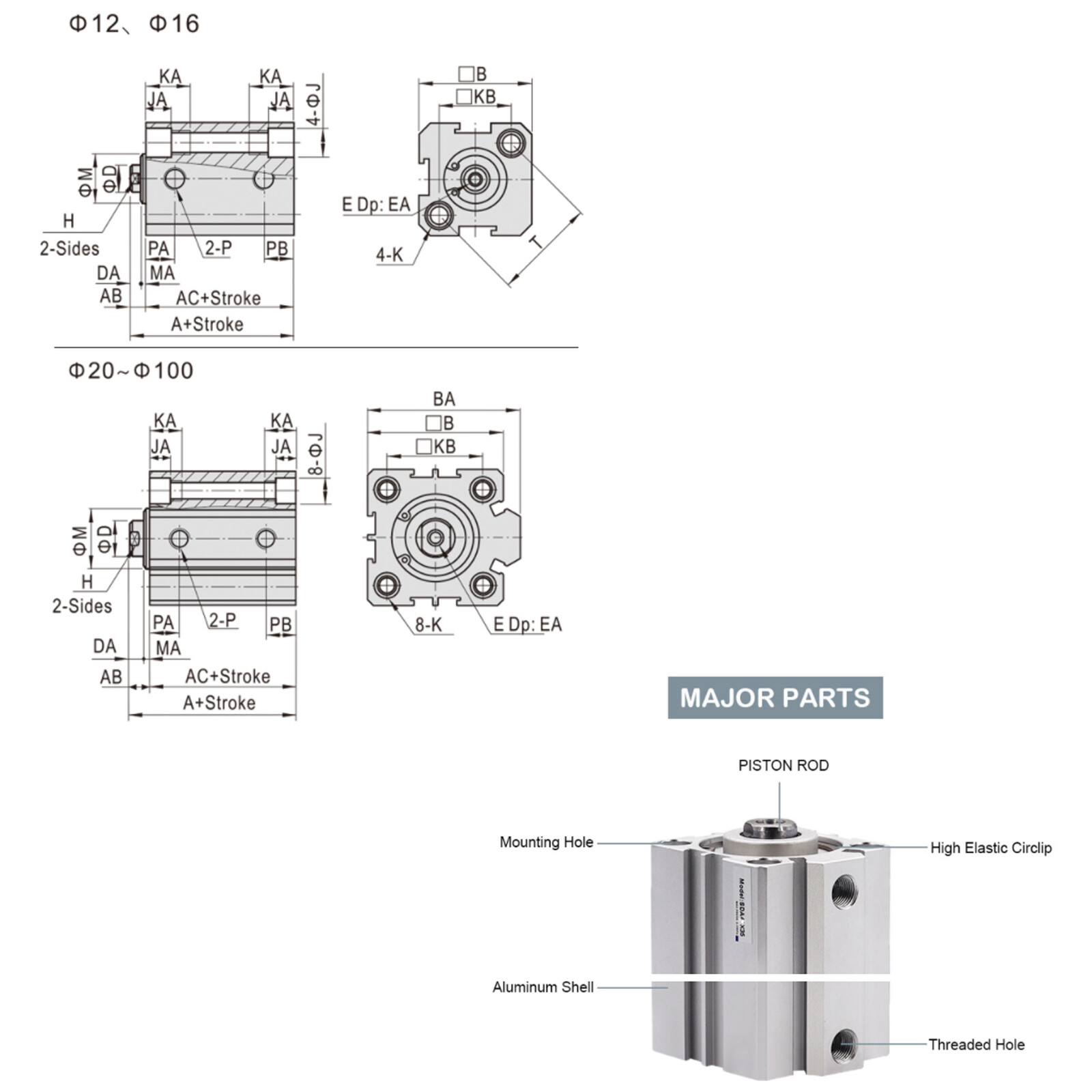 SDA 50/63mm Bore Thin Pneumatic Air Cylinder 5~100mm Stroke Double Acting Alloy