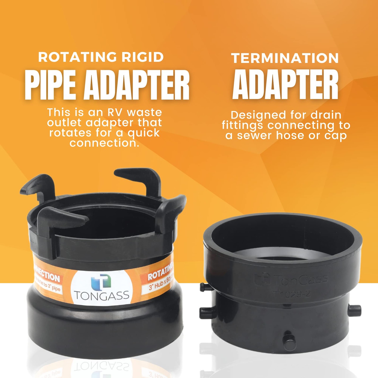 TonGass (Combo Pack) RV Sewer Hose Fitting Adapter to PVC, 3 inches, Black