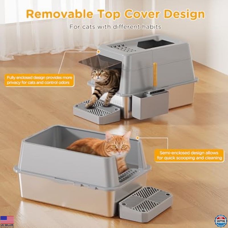 Extra Large Stainless Steel Cat Litter Box with Lid – High-Sided, Covered Access