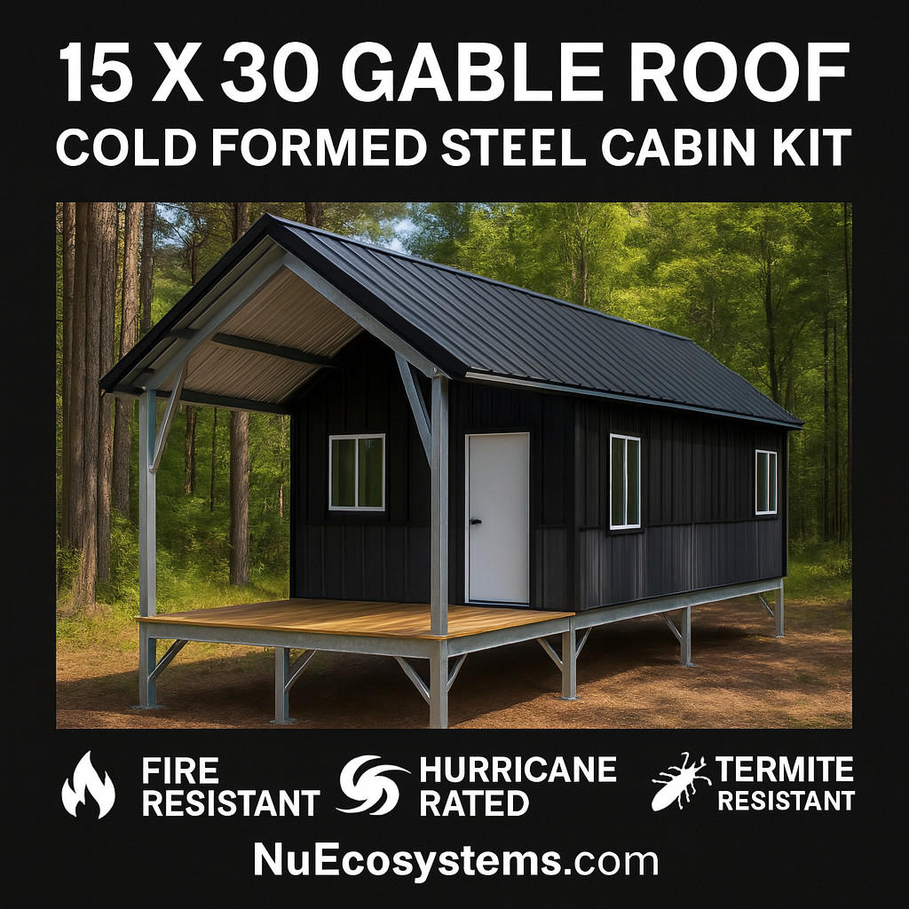 U.S. Made Galvanized Steel On & Off Grid 15 x 30 Cabin Kit Large Porch