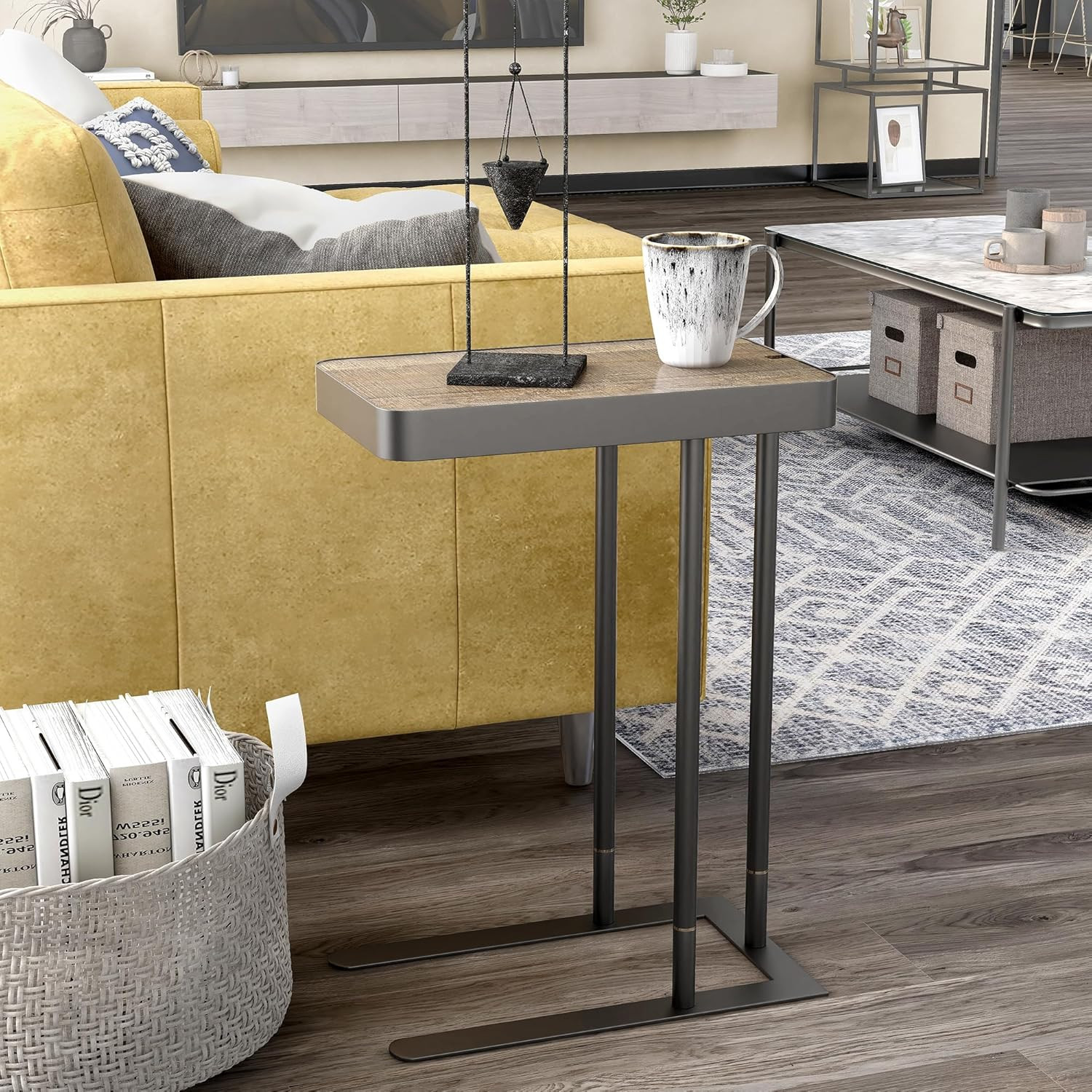Soren Industrial 20 In. Metal C-Shaped Height Adjustable Side Table with Hidden