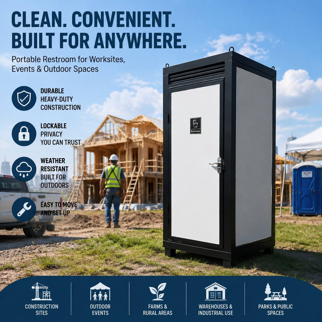 Person Portable Toilet Cabin Outdoor Restroom with Sink & Light Vent Fan Single