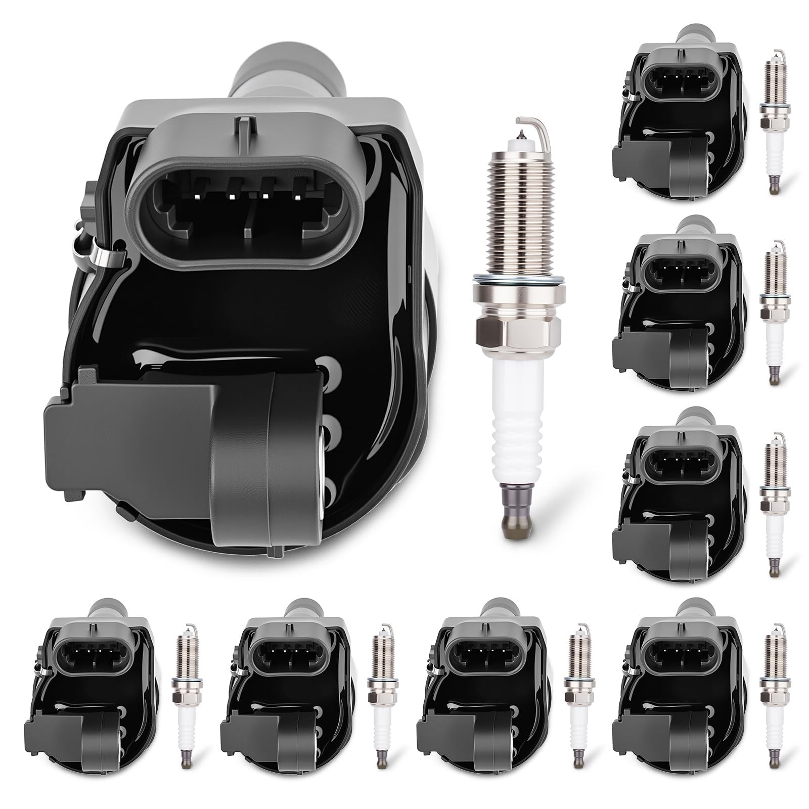 UF742 Set of 8 Round Ignition Coil Pack ＆ Iridium Spark Plug Compatible w