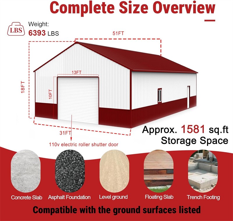 51x31FT Metal Barn Garage w/ Electric Roll-Up Door for Farm & Industrial Storage
